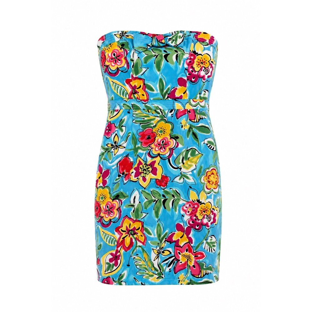 Vintage Y2K David Meister Mini Dress Blue Floral Strapless Bow Pique Sheath 6